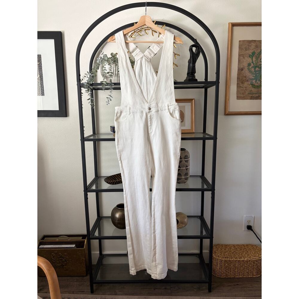 Honey Belle White Denim Overalls Womens Medium Wide Leg Deep V Jumpsuit